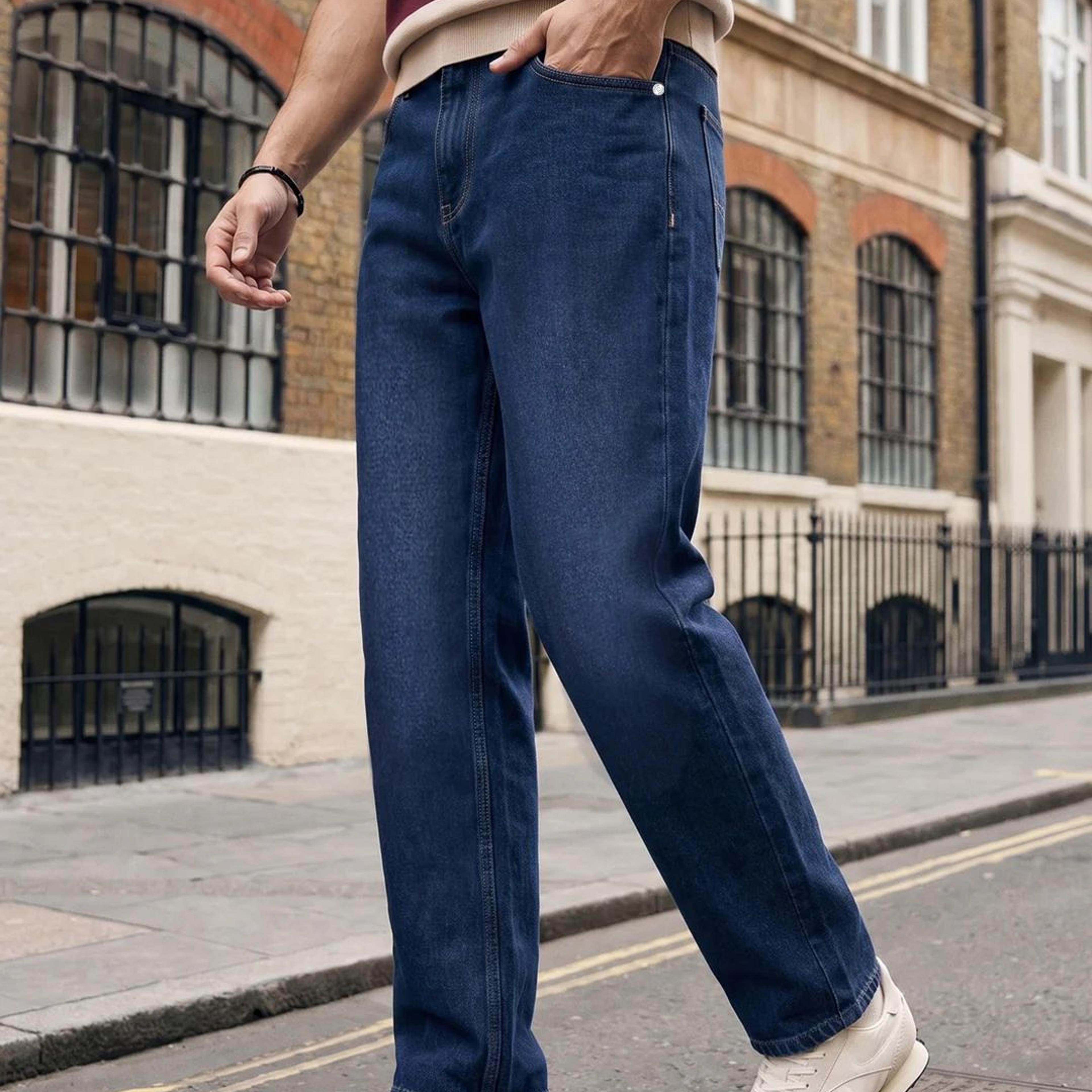 Men's Dark Blue Relaxed Fit Washed Denim Jeans Non-Stretchable