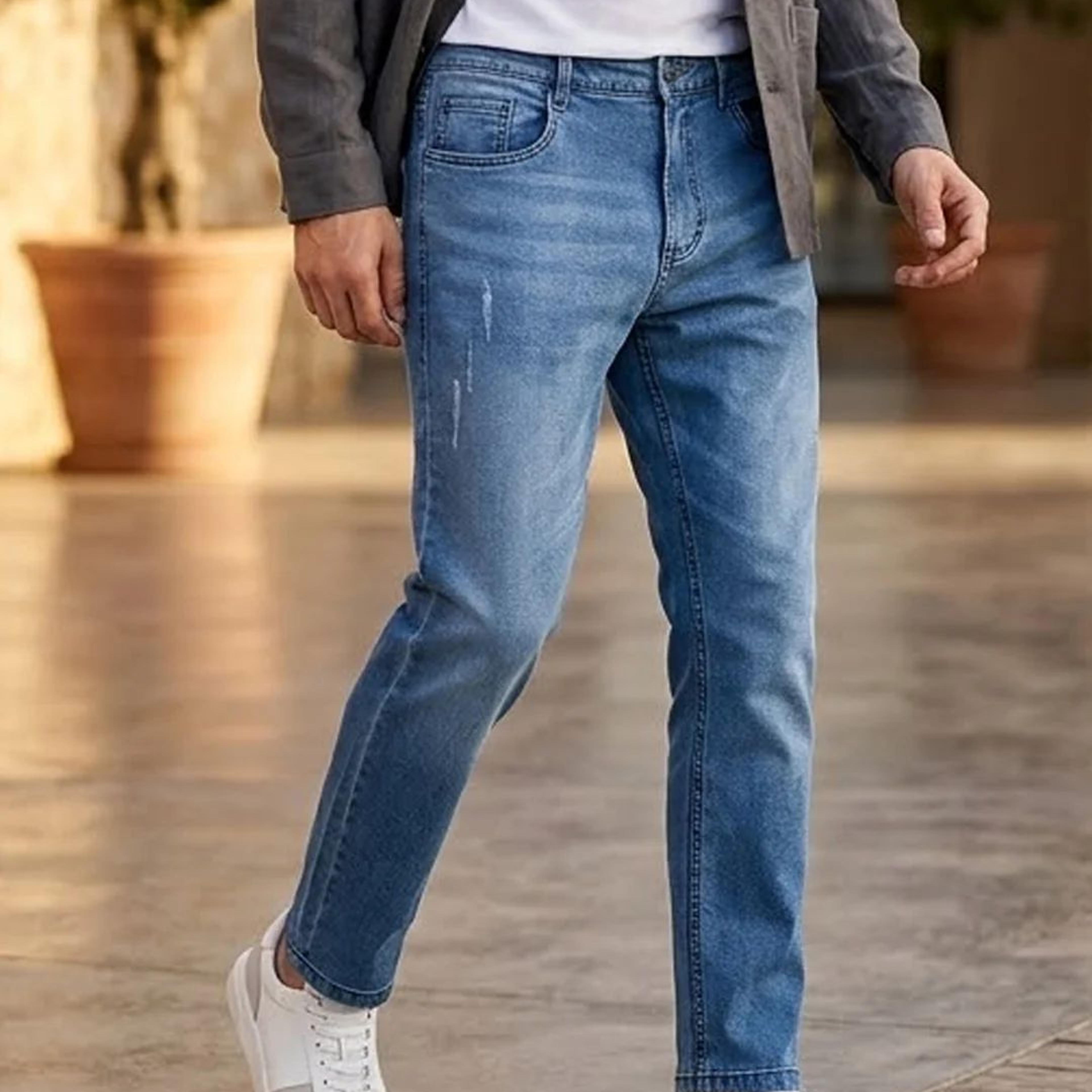 Men's Light Blue Slim Fit Mild Distressed/Torn Jeans Stretchable