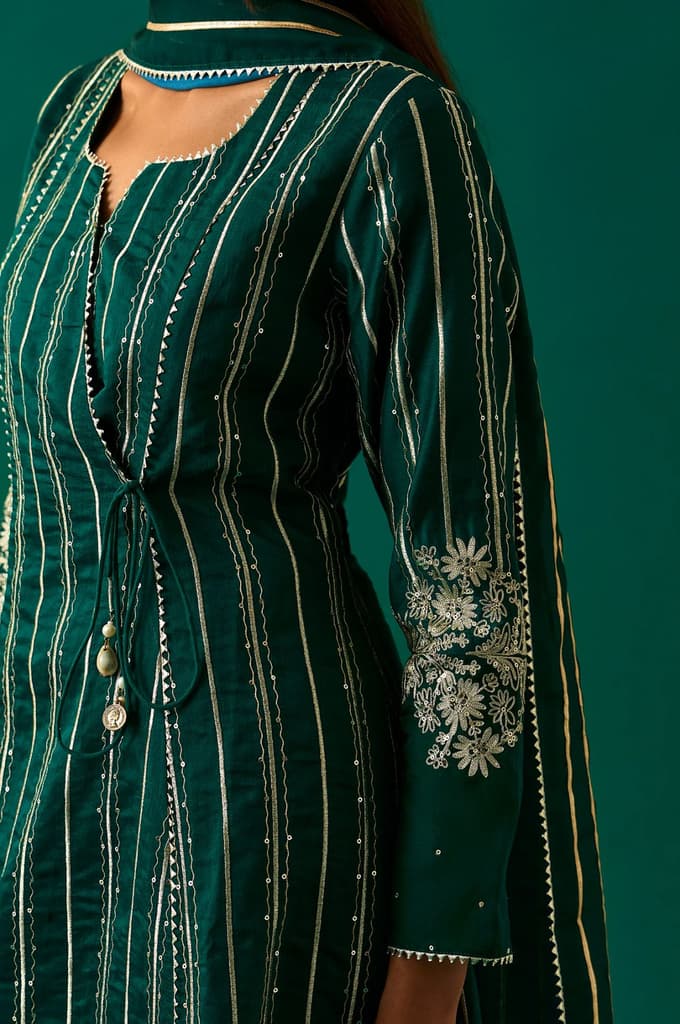 Green Striped Embroidered Angrakha Rayon Kurta with Trouser and Dupatta Set — photo 7
