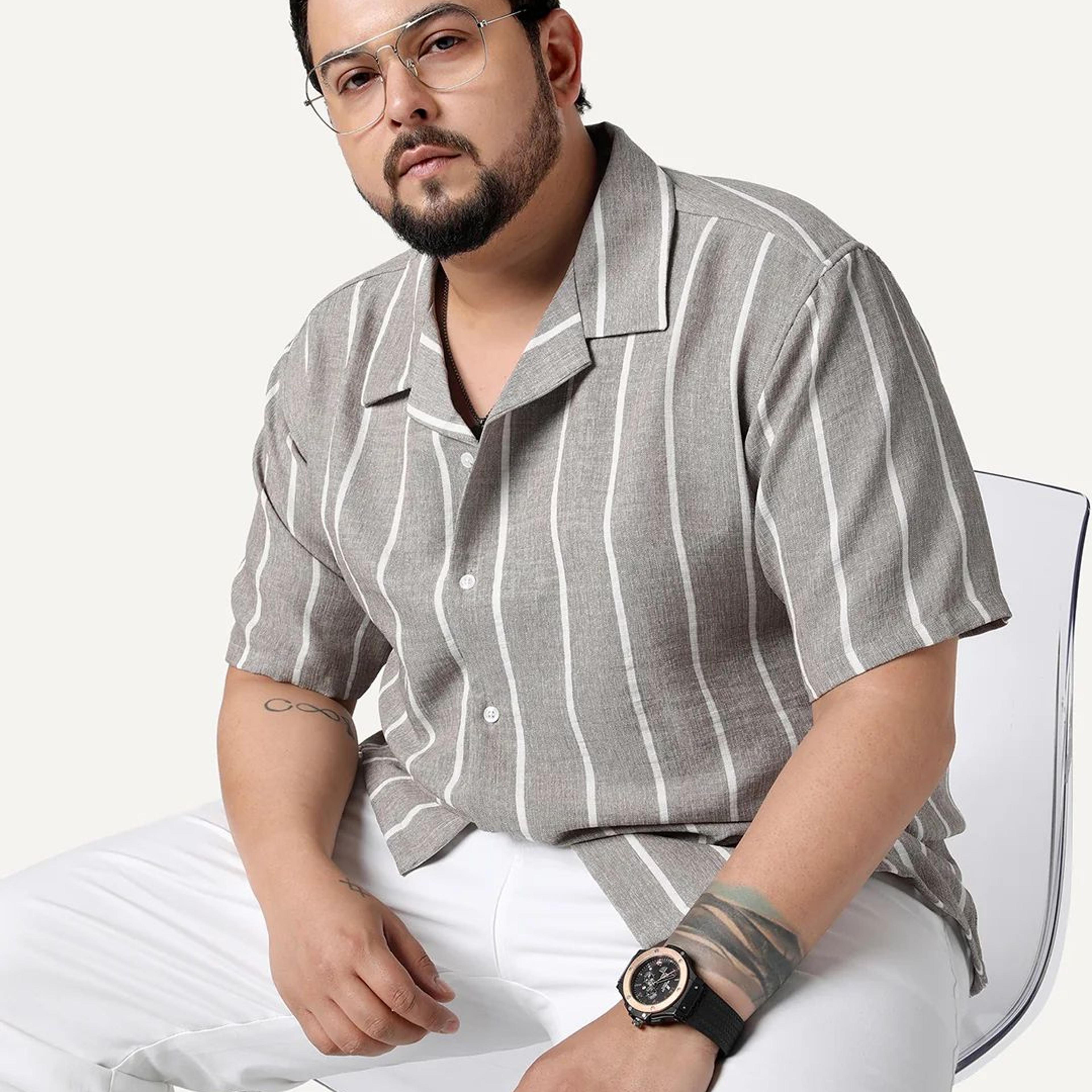 Plus Men's Grey Cotton Half Sleeve Relaxed Fit Linen Striped Shirt with Cuban Collar