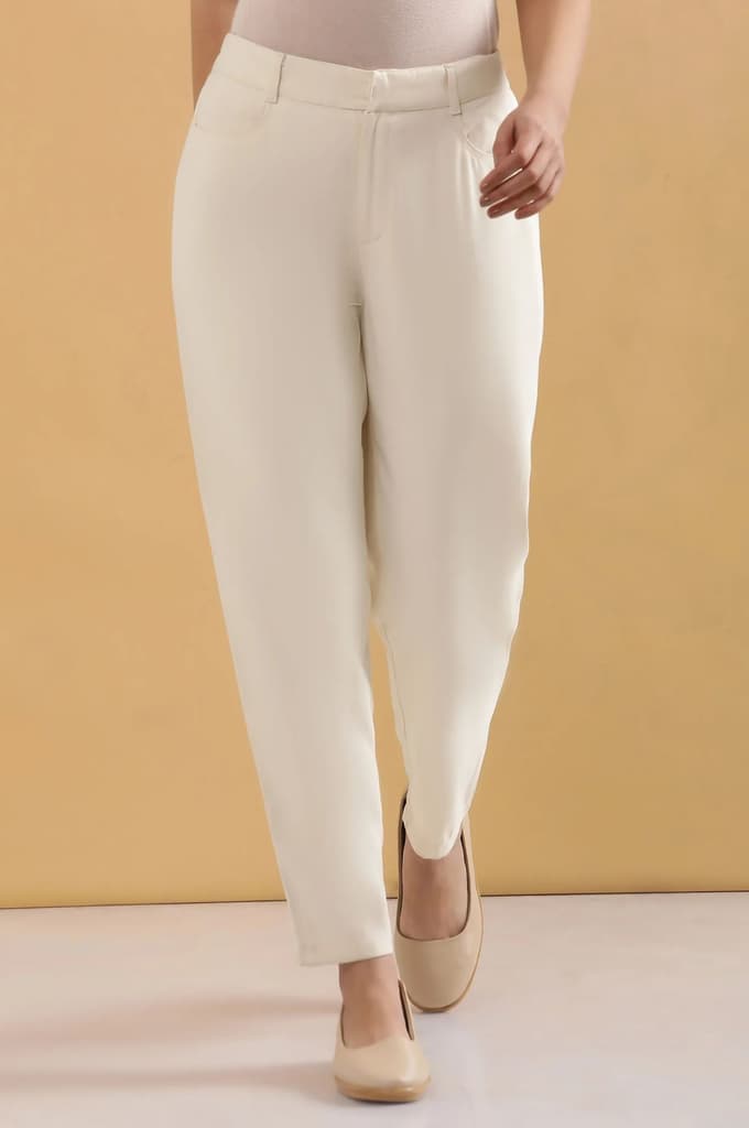 Cream Solid Tapered Rayon Trouser — photo 2