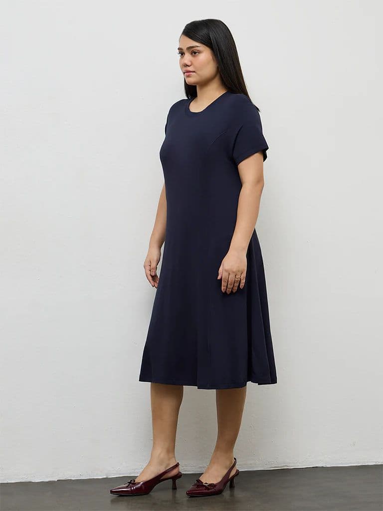 Gia Navy Solid Cotton A-Line Dress — photo 2