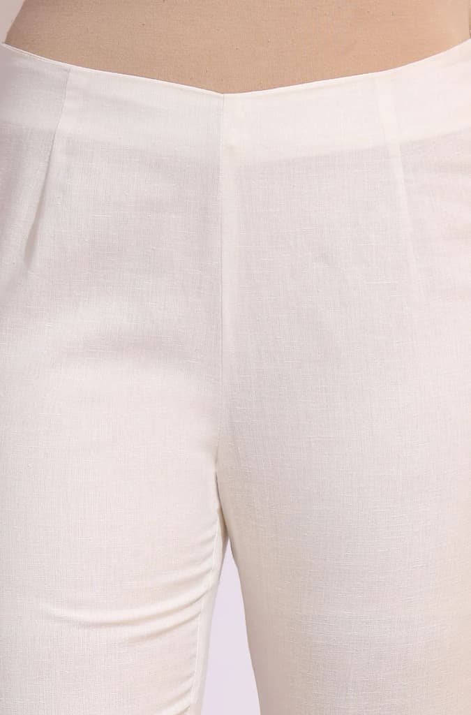 White Solid Mid-Rise Cotton Flax Slim Pants — photo 4