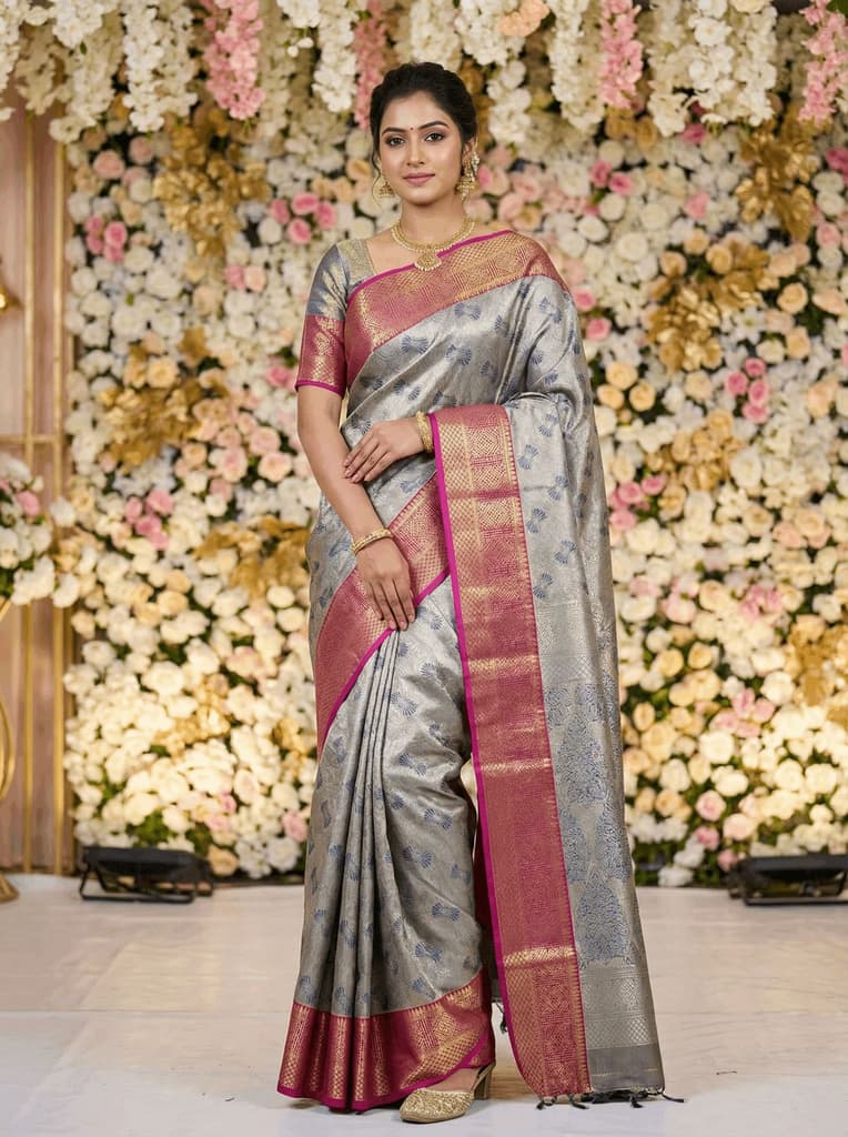 MIMOSA Women's Woven Design Kanjivaram Style Art Silk Saree with Blouse Piece - Navy Blue (SA00002804NVFREE) — photo 2