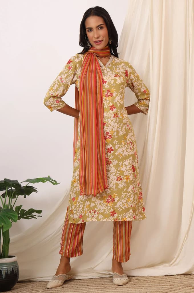 Beige Floral Printed Pure Cotton Straight Kurta, Pants and Dupatta Set — photo 3