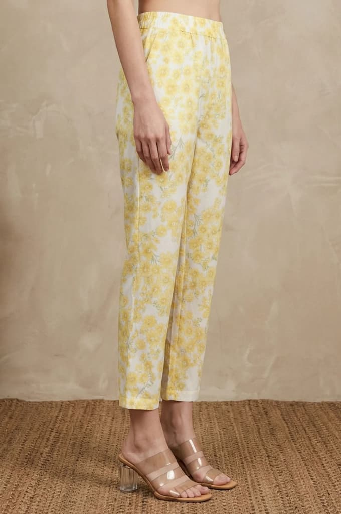 Yellow Floral Printed Pure Cotton Ankle Length Straight Pants — photo 6