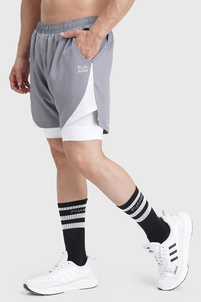 2 in 1 Mesh Shorts Foggy Grey With White — S