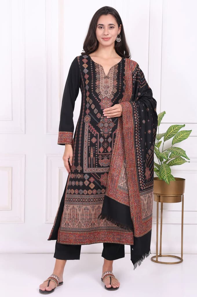 Black Ethnic Motifs Printed Straight Kurta, Pants and Shawl Set — photo 2