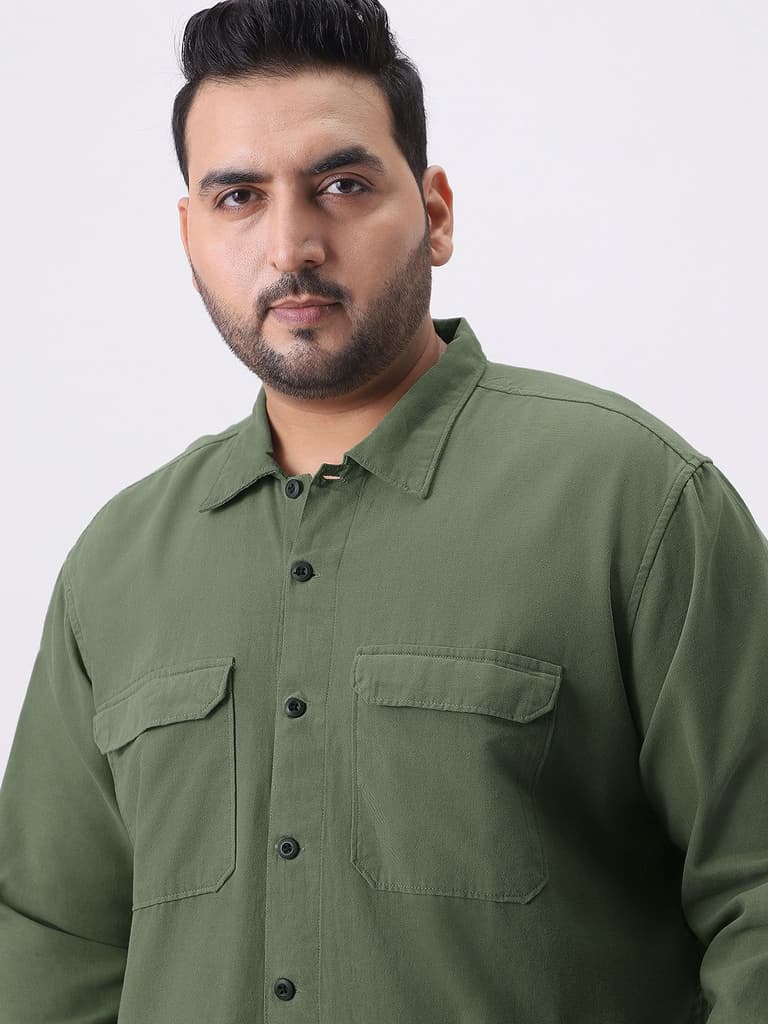 Plus Men's Green Cotton Full Sleeve Relaxed Fit Shacket with Utility Pockets — photo 5