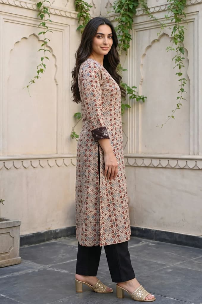 Beige Geometric Printed Sequins Satin Straight Kurta — photo 5