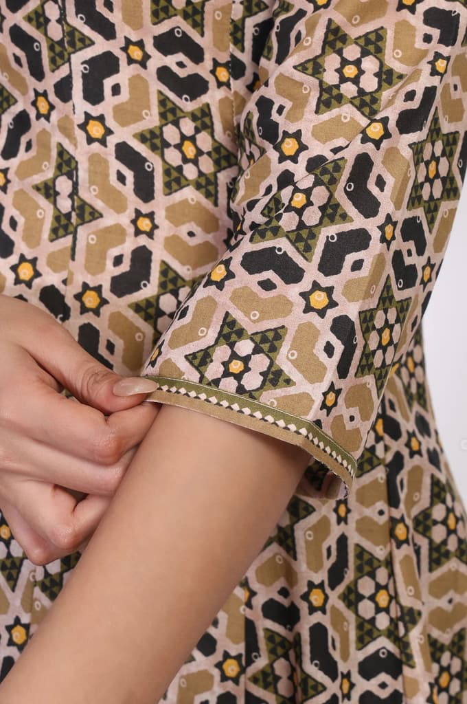 Beige Geometric Printed Embroidered Anarkali Cotton Kurta with Parallel Pant Set — photo 8