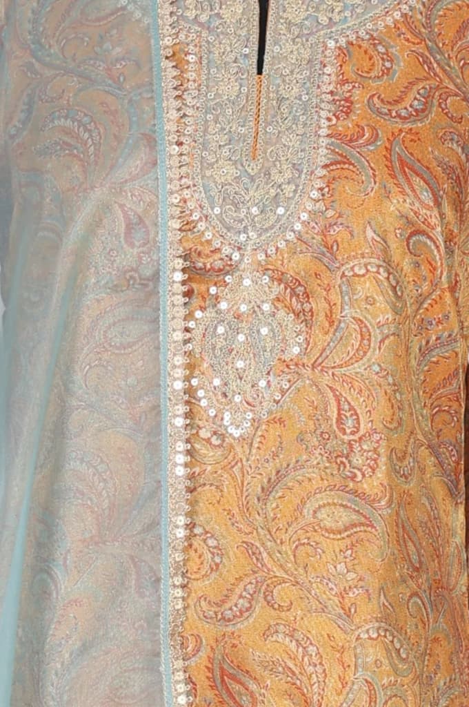 Mustard Sequins Paisley Printed Tissue Straight Kurta with Straight Pants and Dupatta Set — photo 2