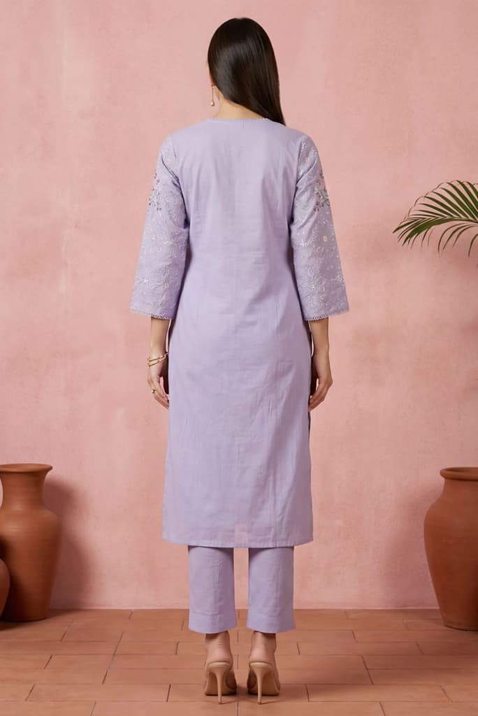 Lavender Thread Embroidered Pure Cotton Straight Kurta with Straight Pants and Dupatta Set — photo 5