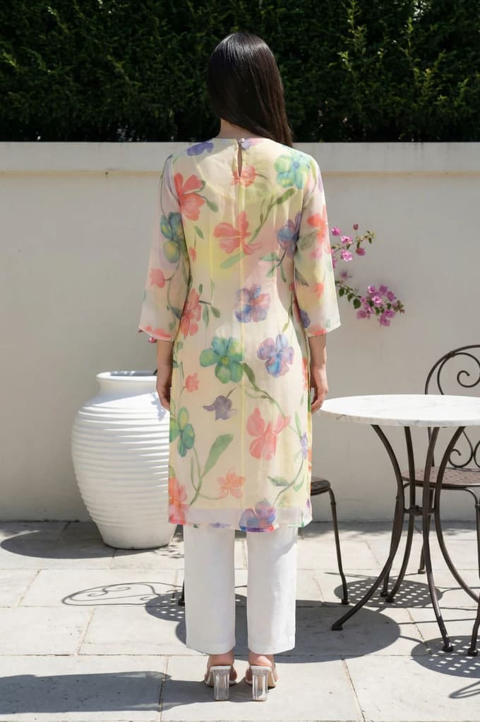Cream Floral Printed Beadwork Silver Chiffon Straight Kurta — photo 4