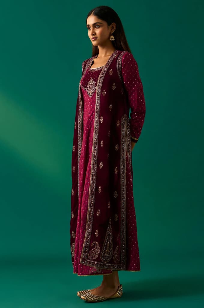Maroon Embroidered Anarkali Georgette Gilet with Dress and Churidar Set — photo 3