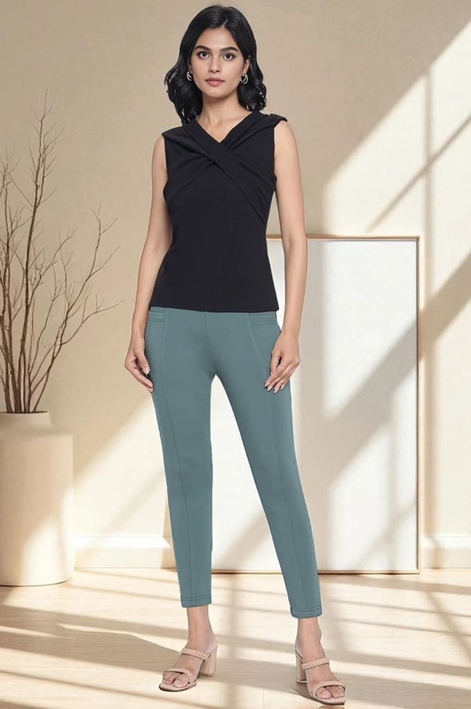 Green Solid Calf Length Tights — photo 6