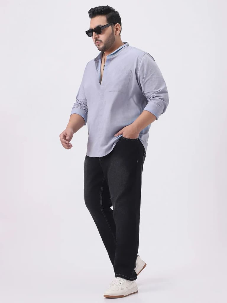 Plus Men's Lavender Cotton Full Sleeve Regular Fit Casual Solid Shirt with Band Collar — photo 4