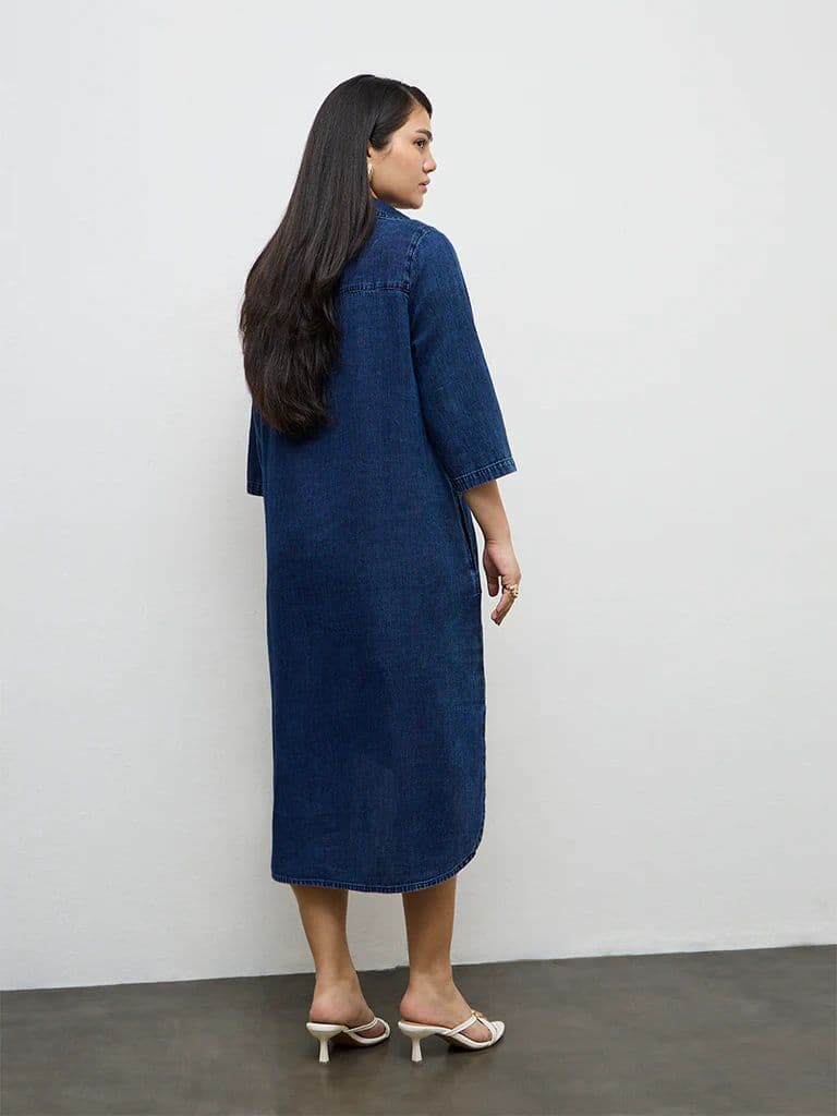 Gia Dark Blue Pintuck Denim A-Line Dress — photo 4