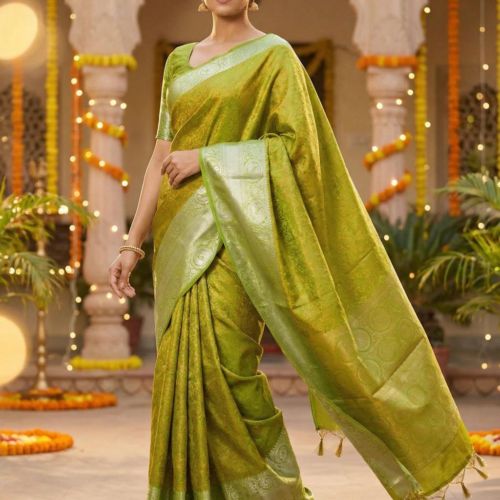 MIMOSA Women's Woven Design Banarasi Style Art Silk Saree with Blouse Piece - Olive ( SA00003133OLFREE )
