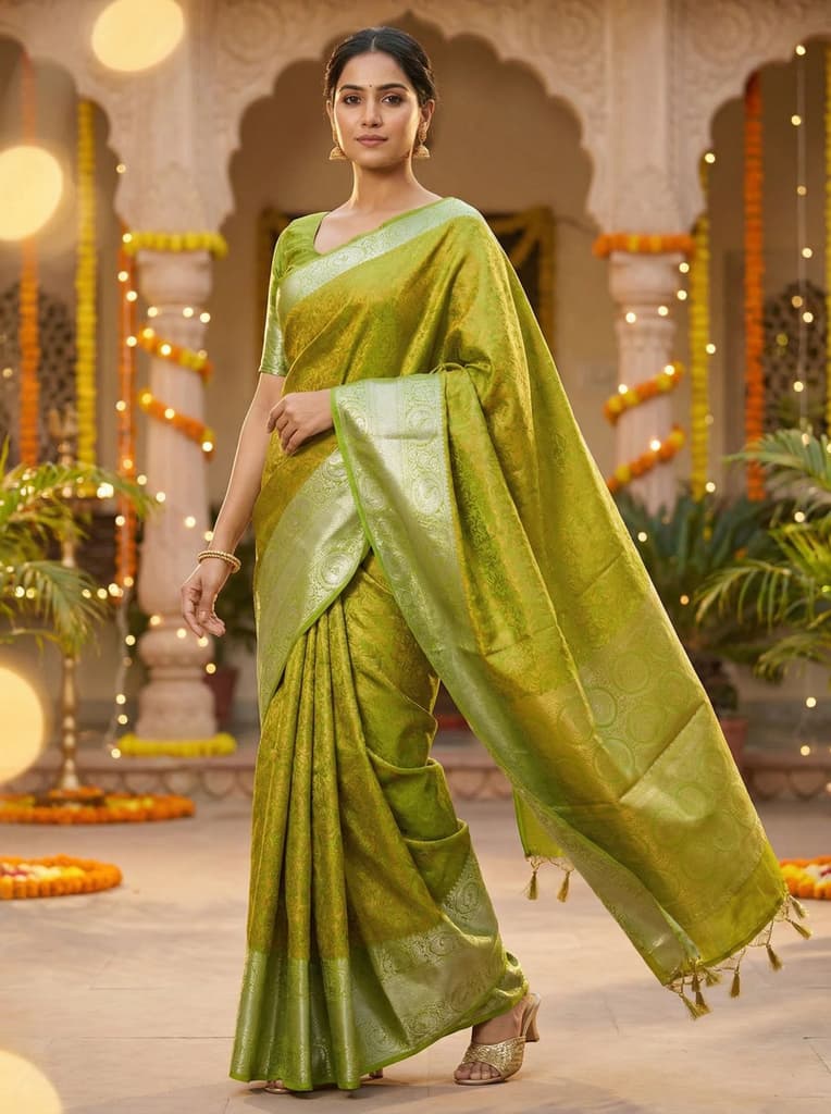 MIMOSA Women's Woven Design Banarasi Style Art Silk Saree with Blouse Piece - Olive ( SA00003133OLFREE ) — Default Title