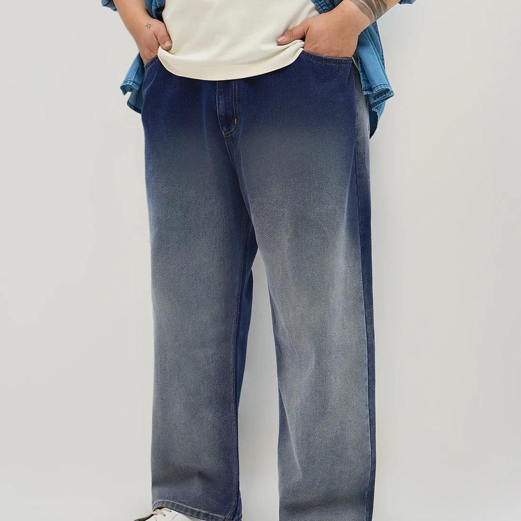 Plus Men's Dark Blue Loose Baggy Fit Heavy Washed Faded Denim Jeans Non-Stretchable