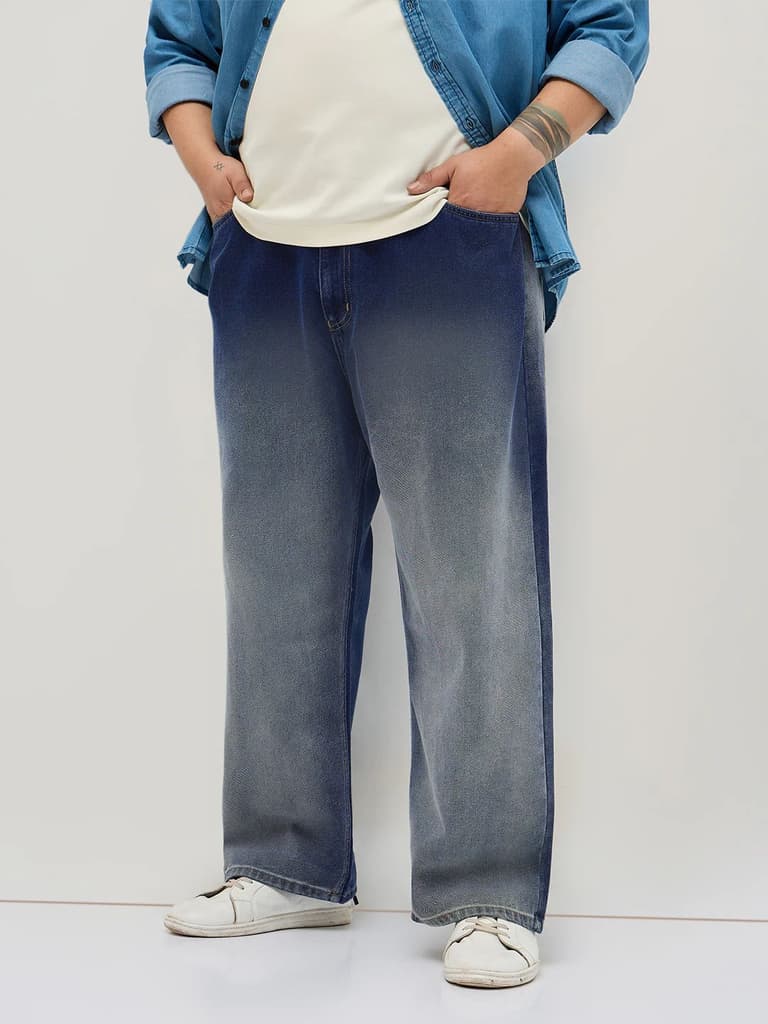 Plus Men's Dark Blue Loose Baggy Fit Heavy Washed Faded Denim Jeans Non-Stretchable — 36 / Dark Blue