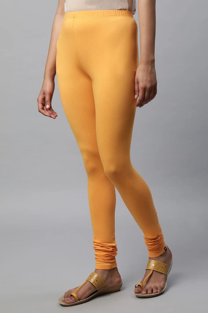 Orange Solid Skinny Fit Cotton Churidar With Elasticated Waist — photo 3