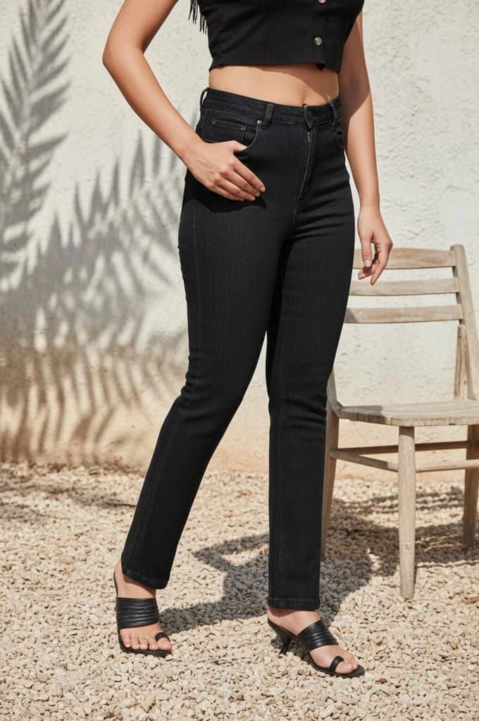 Black Solid Straight-Leg Denim Jeans with YKK Zipper — photo 2