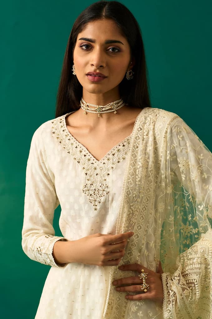 Off-White Embroidered Anarkali Cotton Kurta with Straight Pants and Dupatta Set — photo 2