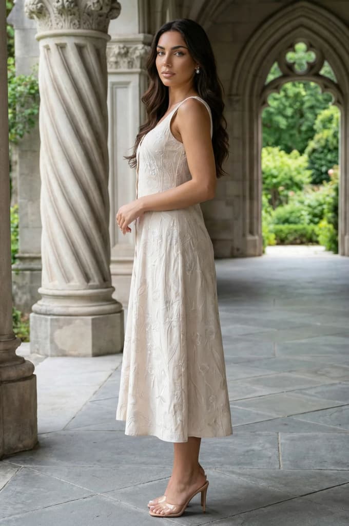 Beige Textured Cotton Blend Embroidered A-line Western Dress — photo 4