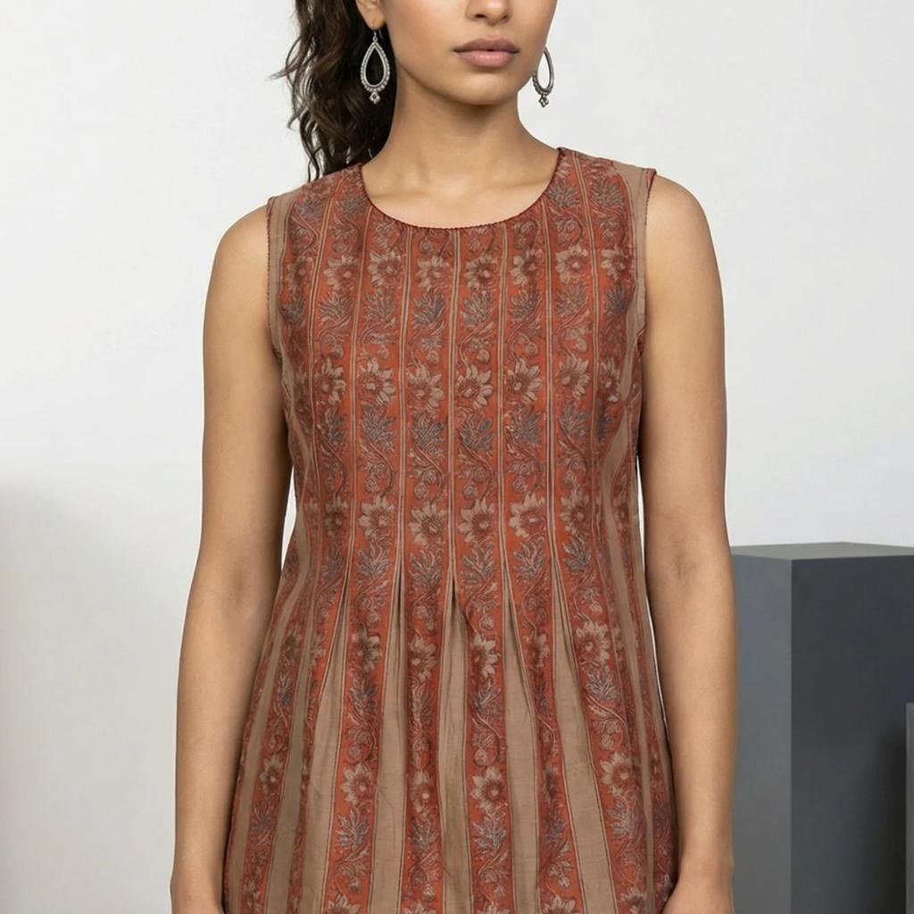 Rust Block Floral Printed Cotton Blend Pleated Sleeveless Top