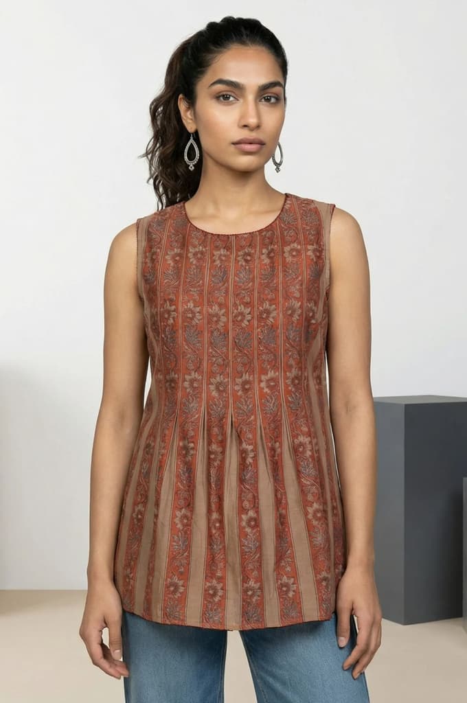 Rust Block Floral Printed Cotton Blend Pleated Sleeveless Top — XS