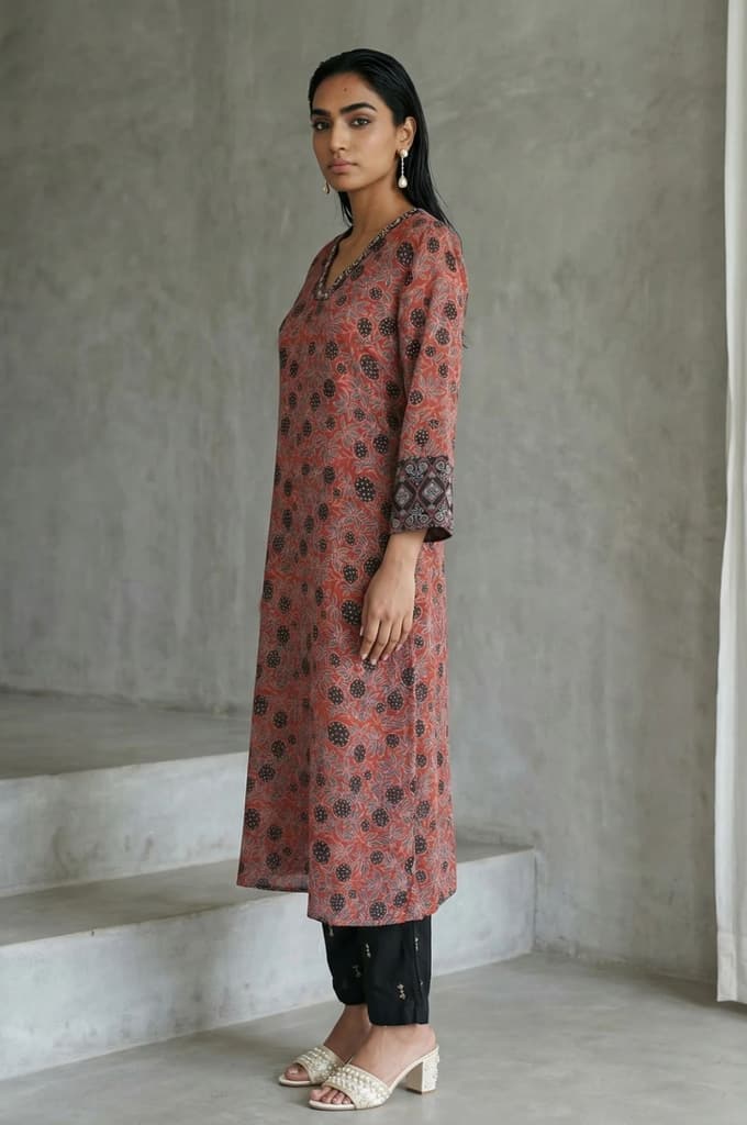Brick Red Ajrak Printed Mirror Work Modal Satin Straight Kurta — photo 5