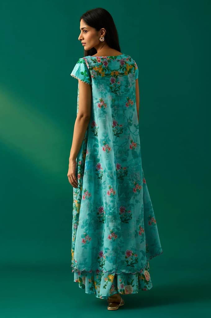 Aqua Blue Embroidered Sequined Flared Georgette Dress with Gillet Set — photo 4