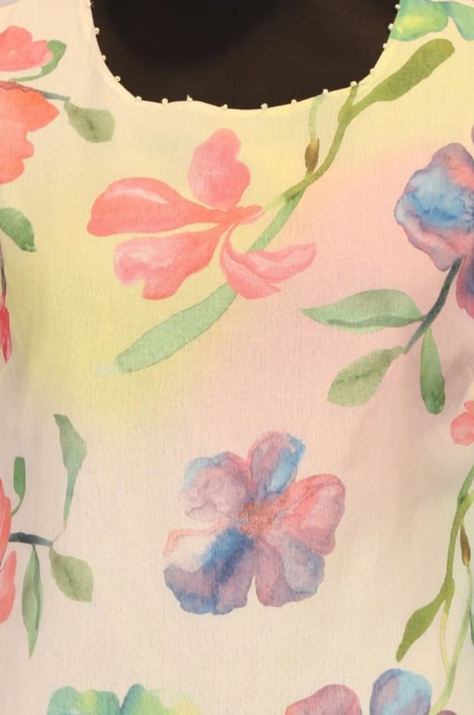 Cream Floral Printed Beadwork Silver Chiffon Straight Kurta — photo 2