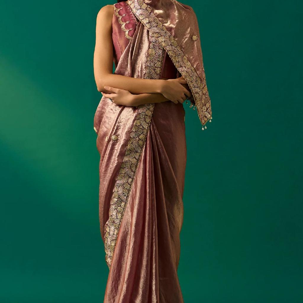 Pink Zari Embroidered Zari Work Banarasi Tissue Satin Saree with Unstitched Blouse