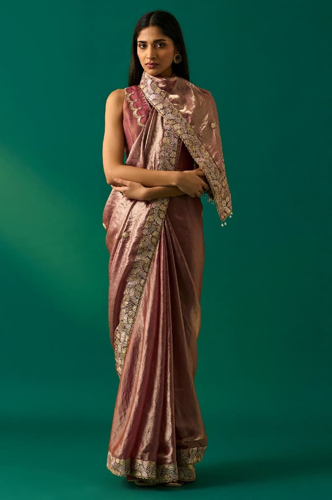 Pink Zari Embroidered Zari Work Banarasi Tissue Satin Saree with Unstitched Blouse — FS