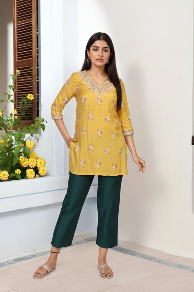 Mustard Embroidered Straight Rayon Kurta — photo 2