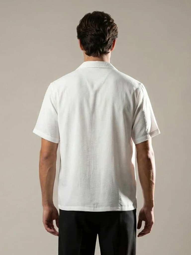 Men's White Cotton Half Sleeve Relaxed Fit Textured Shirt with Cuban Collar — photo 3