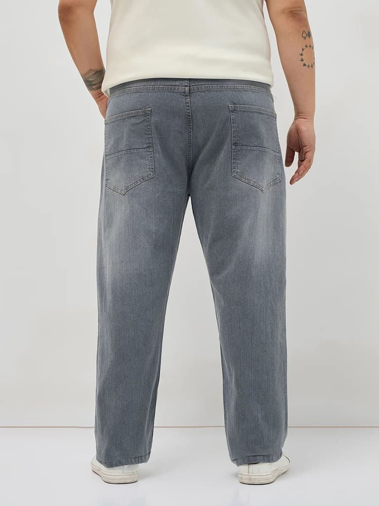 Plus Men's Grey Straight Fit Washed Denim Jeans Stretchable — photo 3
