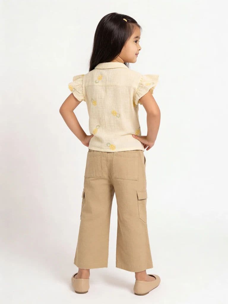 HOP Kids Girls Light Yellow Embroidered Tie-Knot Ruffle Cotton Shirt — photo 2