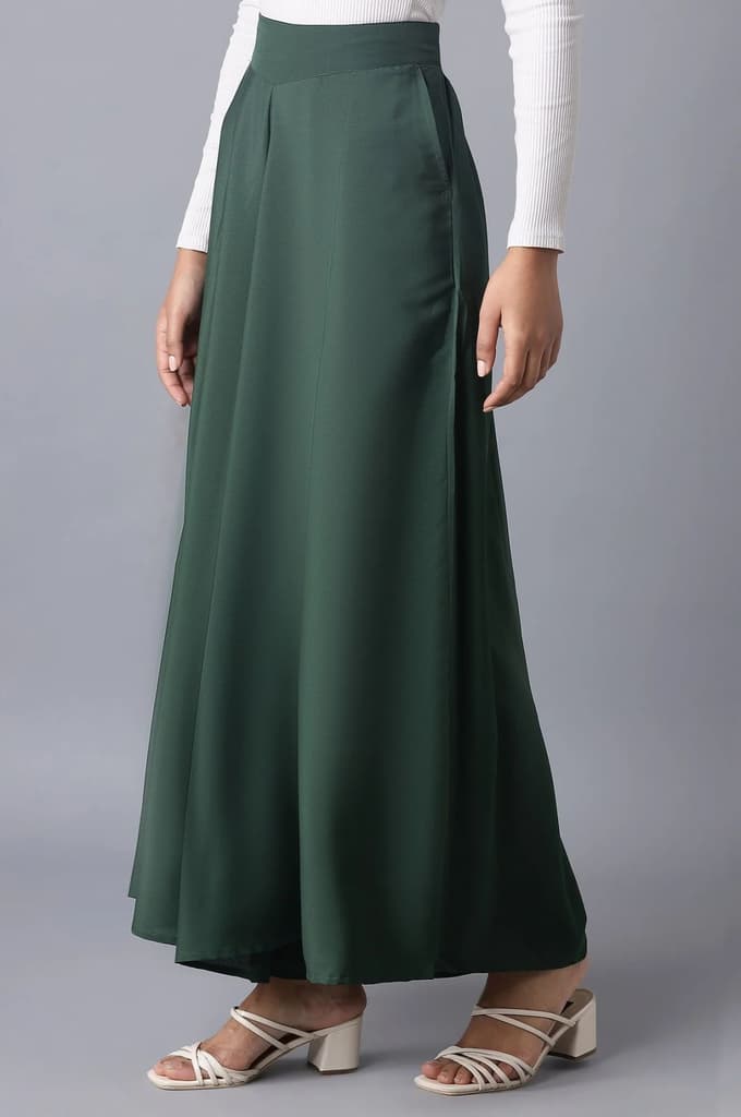Muted Sage Green Solid Flared Woven Palazzo With Elasticated Waistband — photo 3