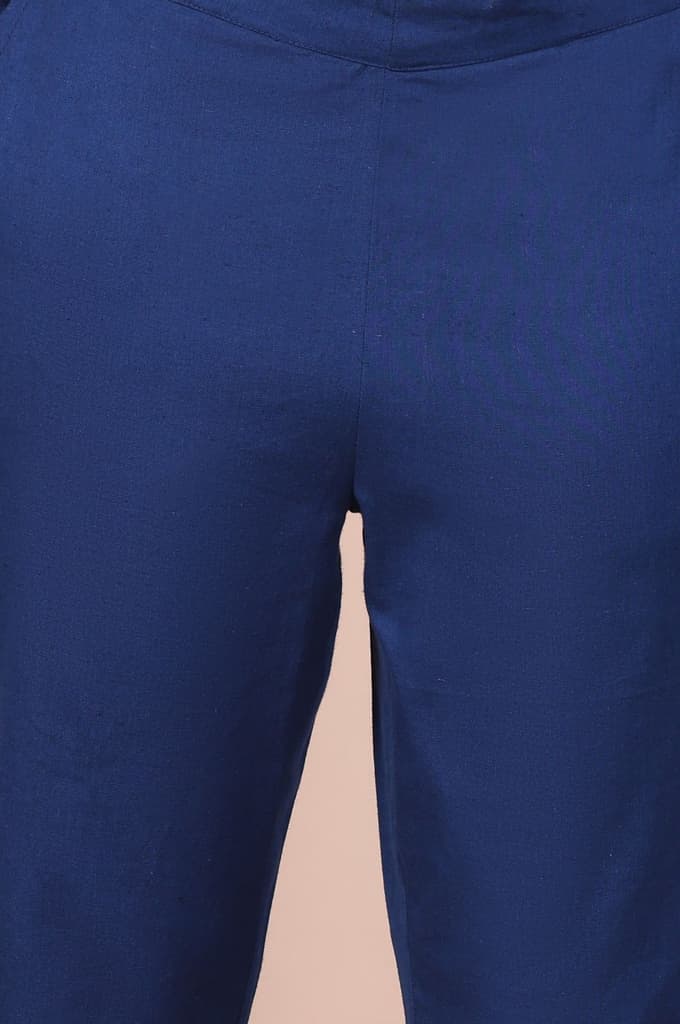 Elleven Women's Blue Solid Cotton Flax Mid Rise Ankle Length Slim Fit Trouser — photo 6