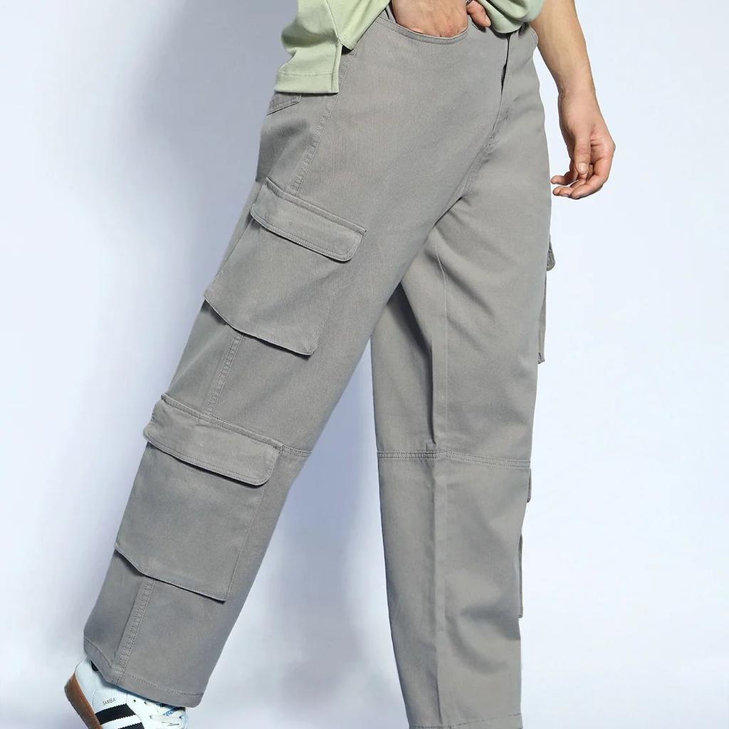 Men's Grey Loose Baggy Fit Cargo Chino Pant with 8 Pockets Stretchable