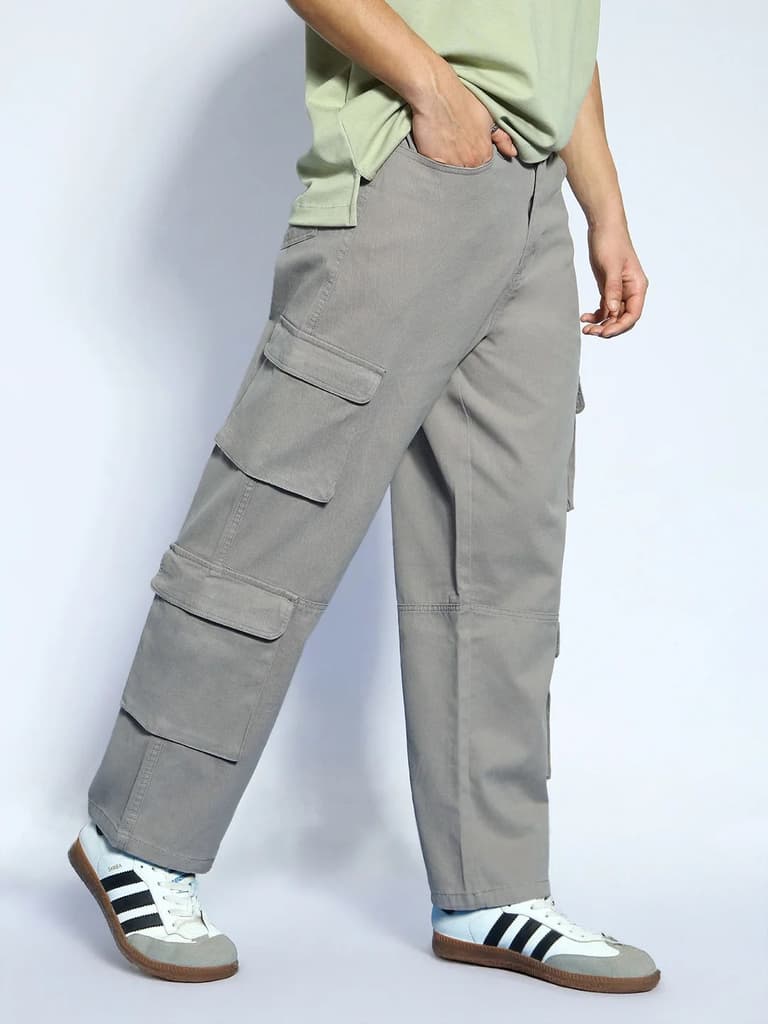 Men's Grey Loose Baggy Fit Cargo Chino Pant with 8 Pockets Stretchable — 28 / Grey