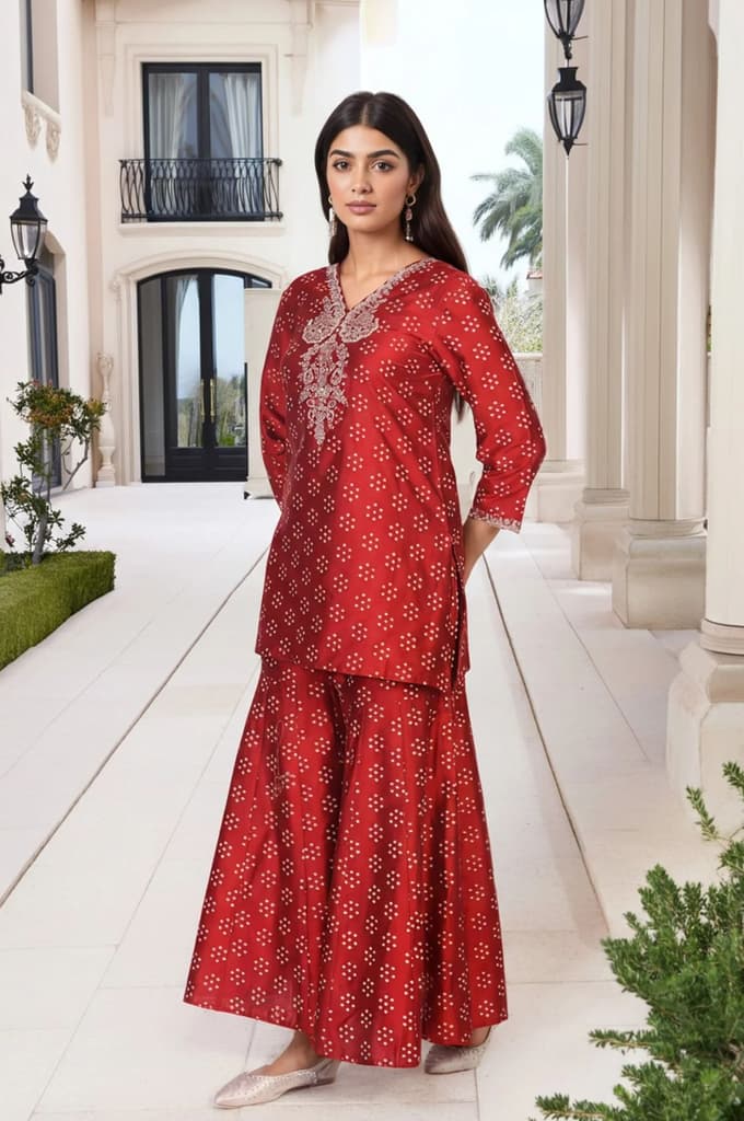 Red Embroidered Straight Art Silk Kurta with Sharara and Dupatta Set — photo 6