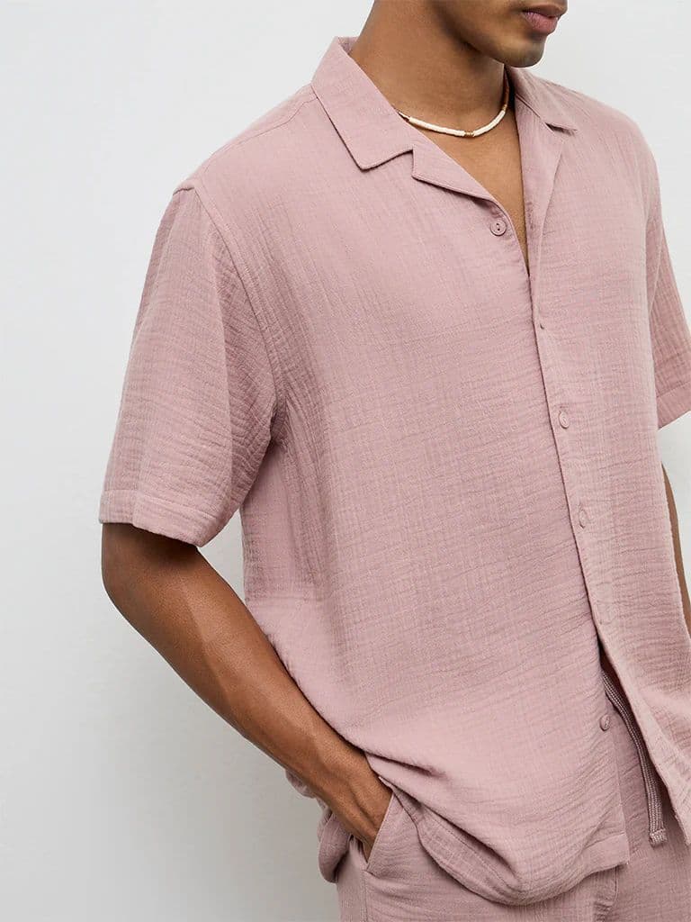 ETA Dusty Pink Crinkle-Textured Relaxed-Fit Cotton Shirt — photo 3