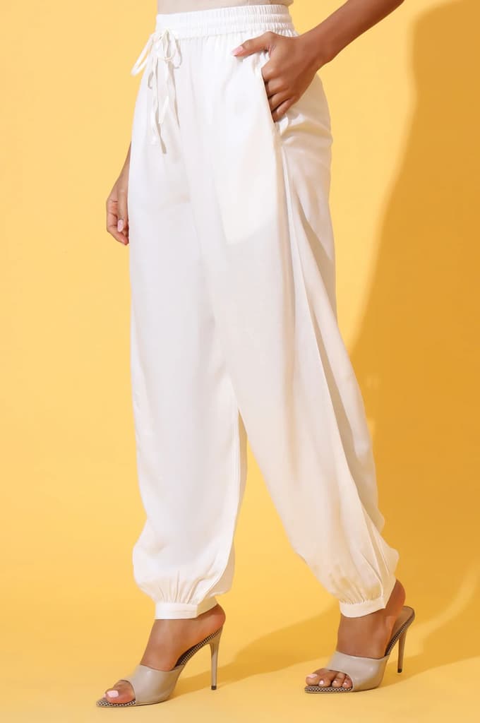 White Solid Ankle Length Rayon Harem Pants — photo 3