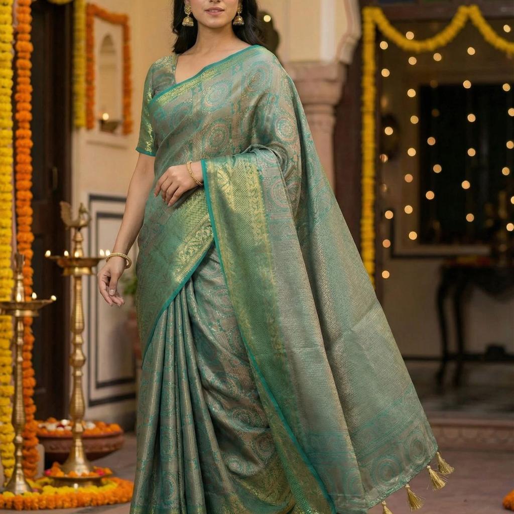 MIMOSA Women's Woven Design Banarasi Style Art Silk Saree with Blouse Piece - Rama ( SA00003126RMFREE )