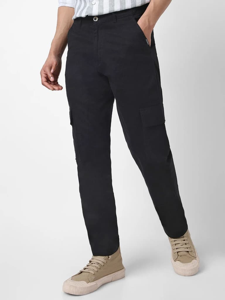 Men's Black Regular Fit Solid Cargo Chino Pant with 6 Pockets Stretchable — 28 / Black
